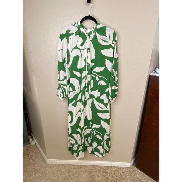 H&M Womens Green & White Long Sleeve Midi Dress Small Abstract Leaf Pattern - Picture 1 of 7